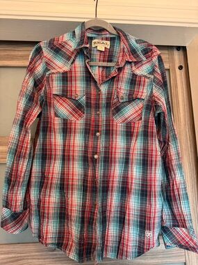 Ariat Red Navy Teal Plaid Button-Down Western Shirt